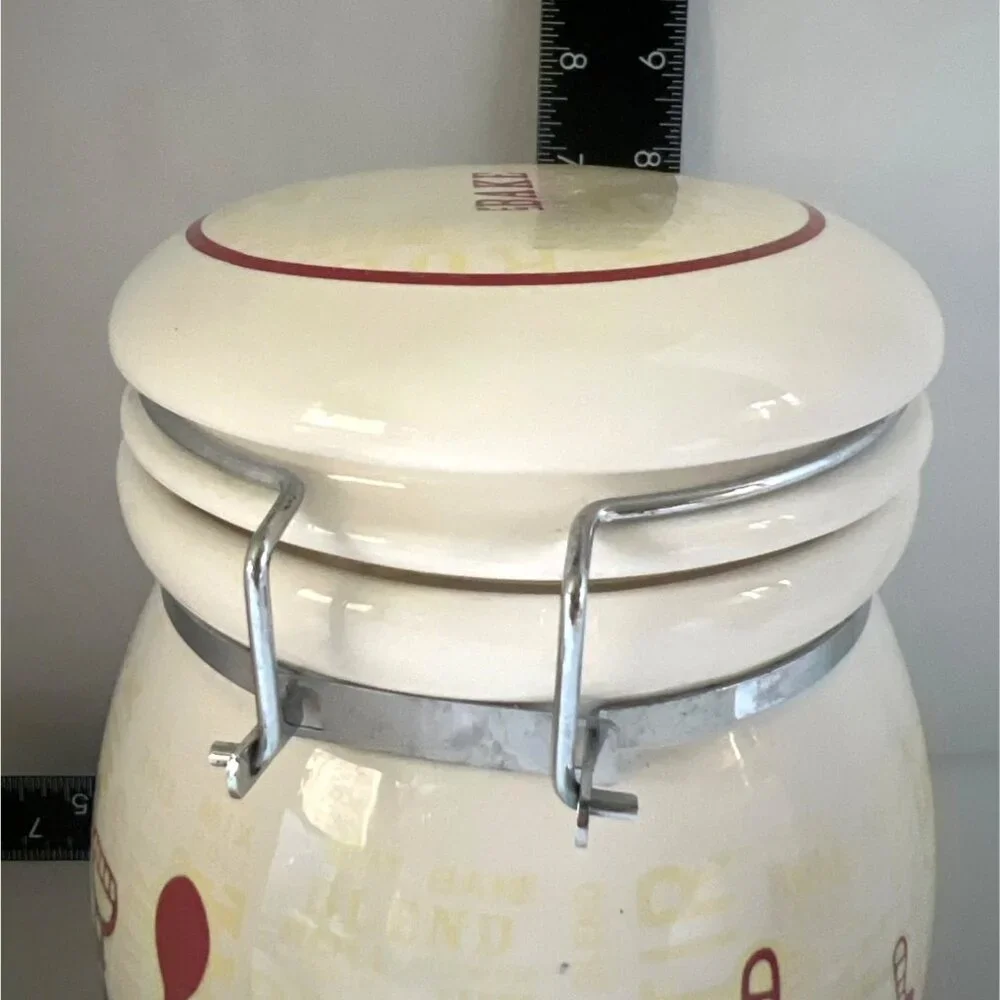 Retro Kitchen Canister Ceramic Hinged Lid Gasket Baking Pattern White Yellow Red